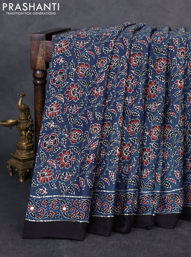 Modal silk saree indigo blue and black with allover ajrakh prints & sequin work and mirror sequin work pallu