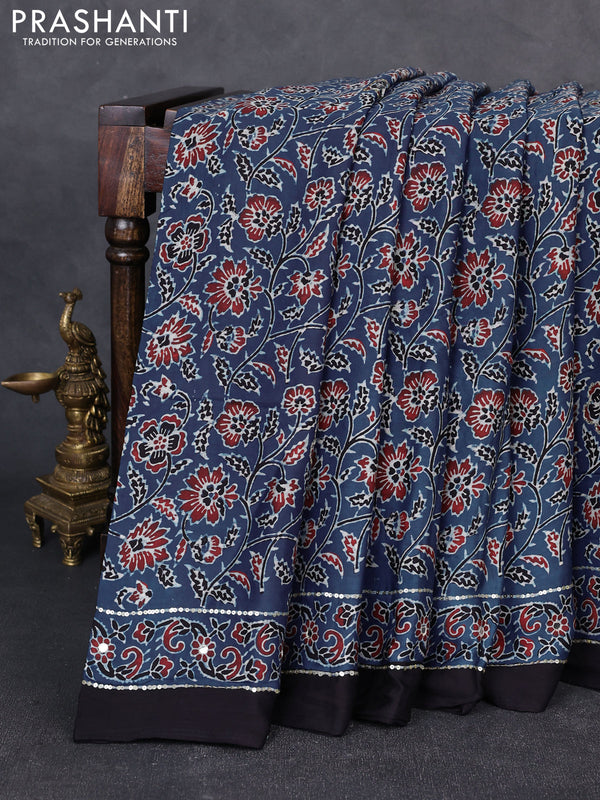 Modal silk saree indigo blue and black with allover ajrakh prints & sequin work and mirror sequin work pallu