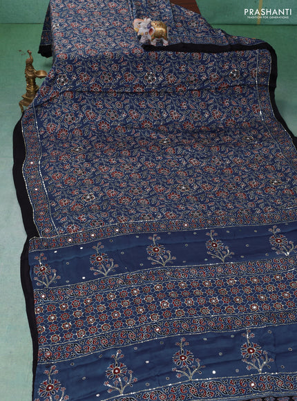 Modal silk saree indigo blue and black with allover ajrakh prints & sequin work and mirror sequin work pallu