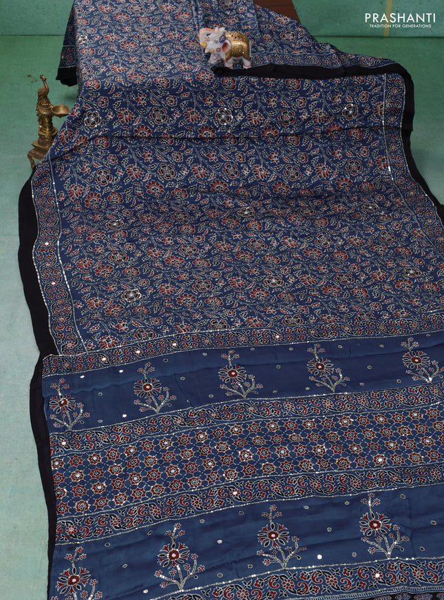 Modal silk saree indigo blue and black with allover ajrakh prints & sequin work and mirror sequin work pallu