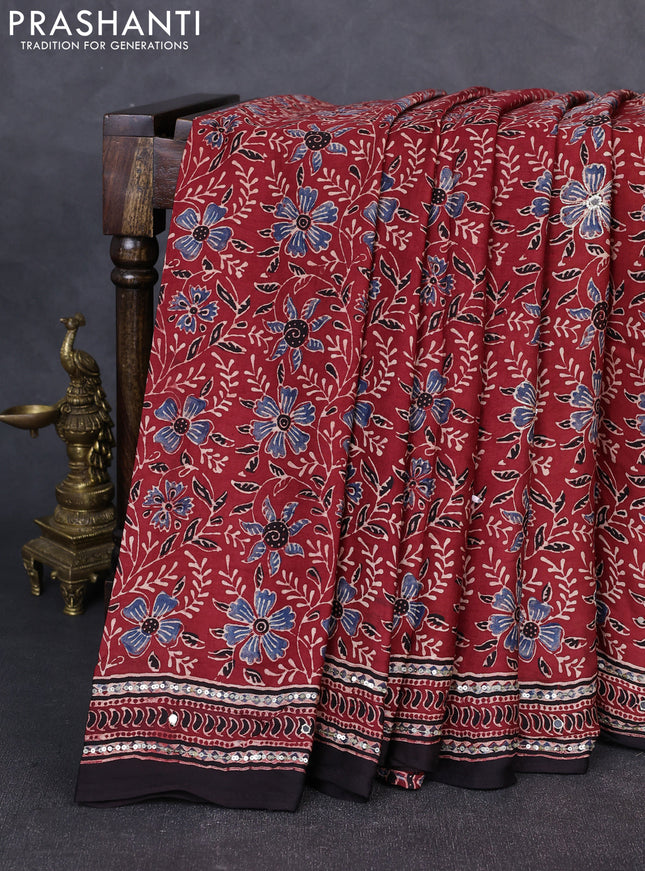 Modal silk saree maroon and black with allover ajrakh prints & sequin work and mirror sequin work pallu