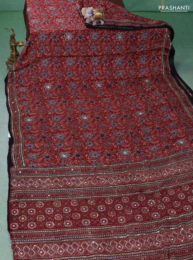 Modal silk saree maroon and black with allover ajrakh prints & sequin work and mirror sequin work pallu