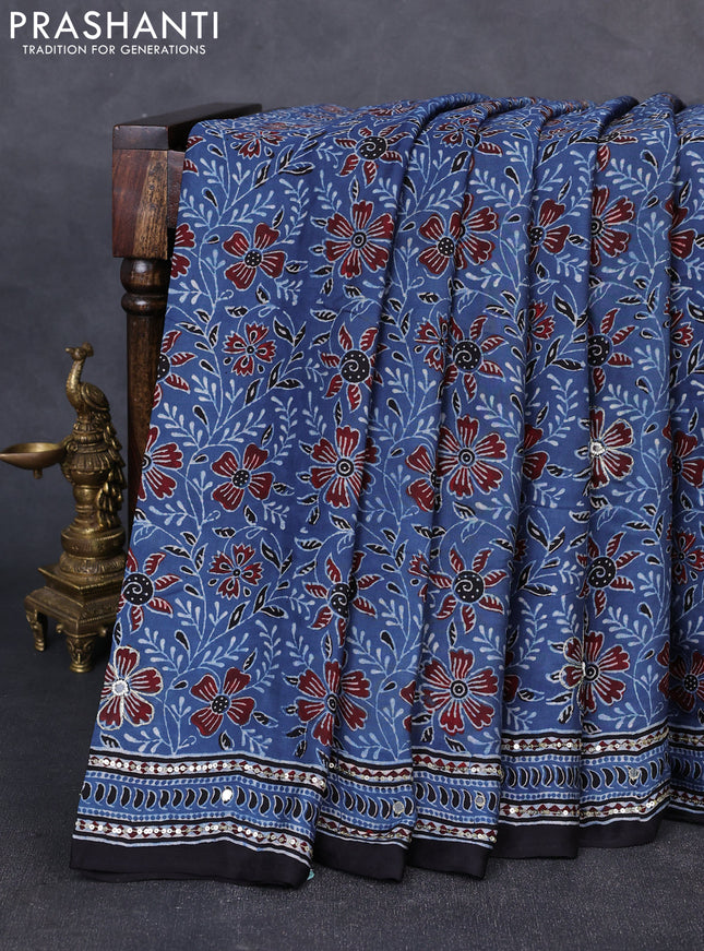 Modal silk saree indigo blue and black with allover ajrakh prints & sequin work and mirror sequin work pallu