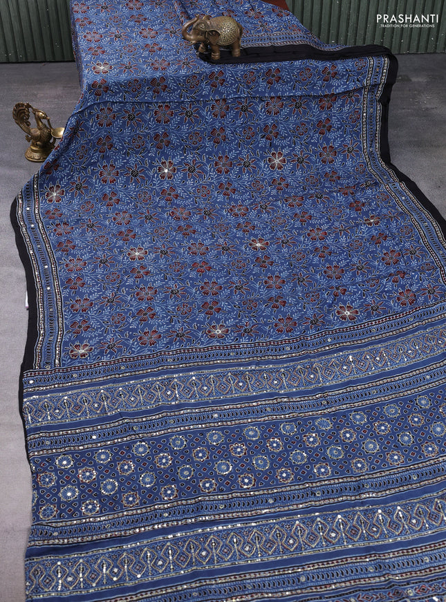 Modal silk saree indigo blue and black with allover ajrakh prints & sequin work and mirror sequin work pallu