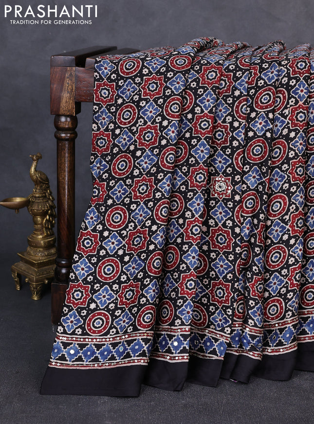Modal silk saree black with allover ajrakh prints & sequin work and mirror sequin work pallu