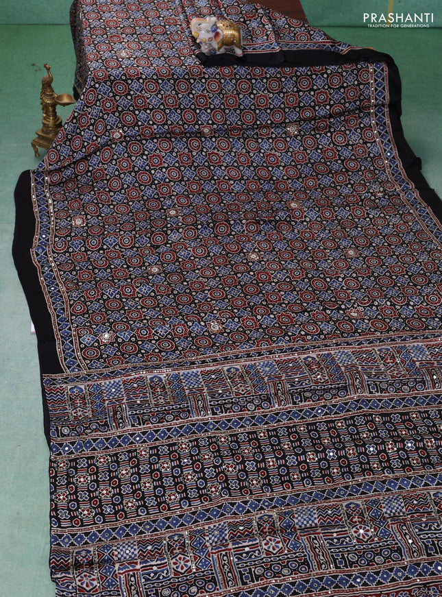 Modal silk saree black with allover ajrakh prints & sequin work and mirror sequin work pallu