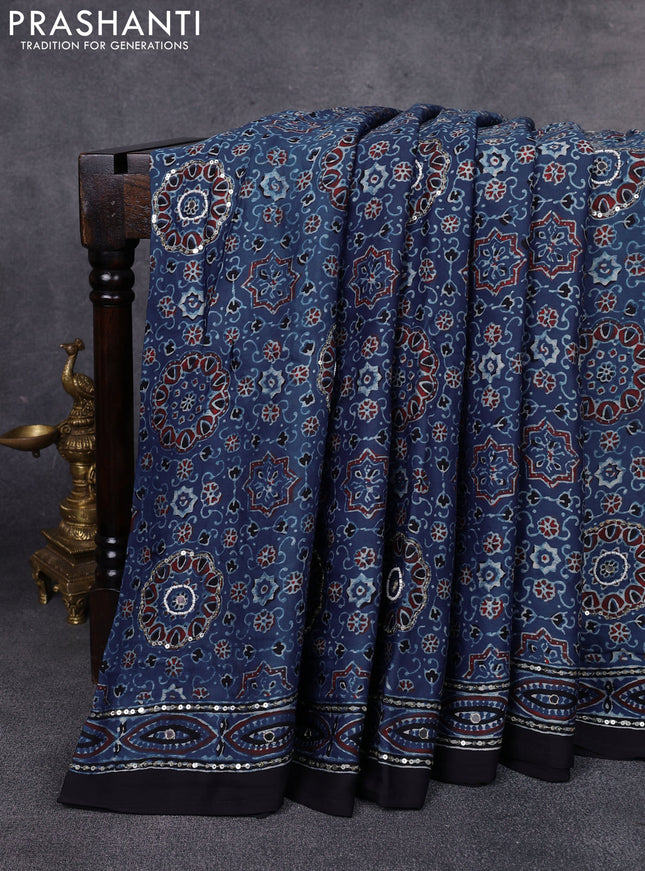 Modal silk saree indigo blue and black with allover ajrakh prints & sequin work and mirror sequin work pallu