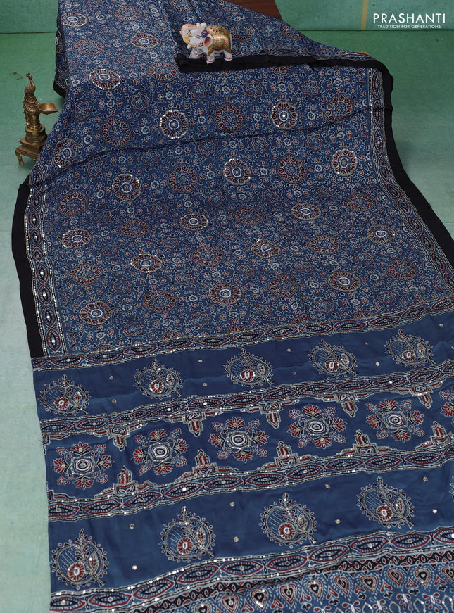 Modal silk saree indigo blue and black with allover ajrakh prints & sequin work and mirror sequin work pallu