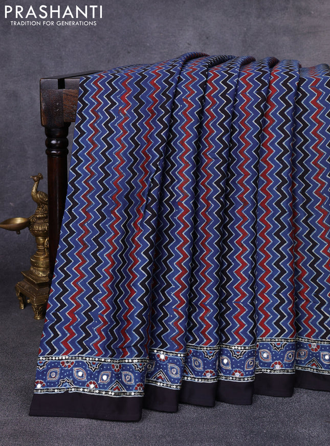 Modal silk saree indigo blue and black with allover ajrakh prints & sequin work and mirror sequin work pallu