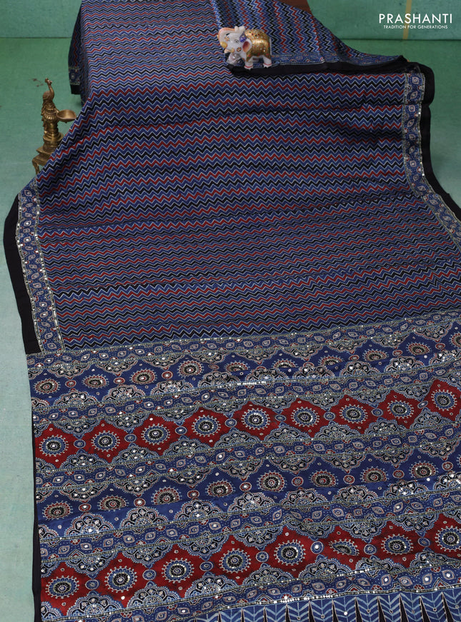 Modal silk saree indigo blue and black with allover ajrakh prints & sequin work and mirror sequin work pallu