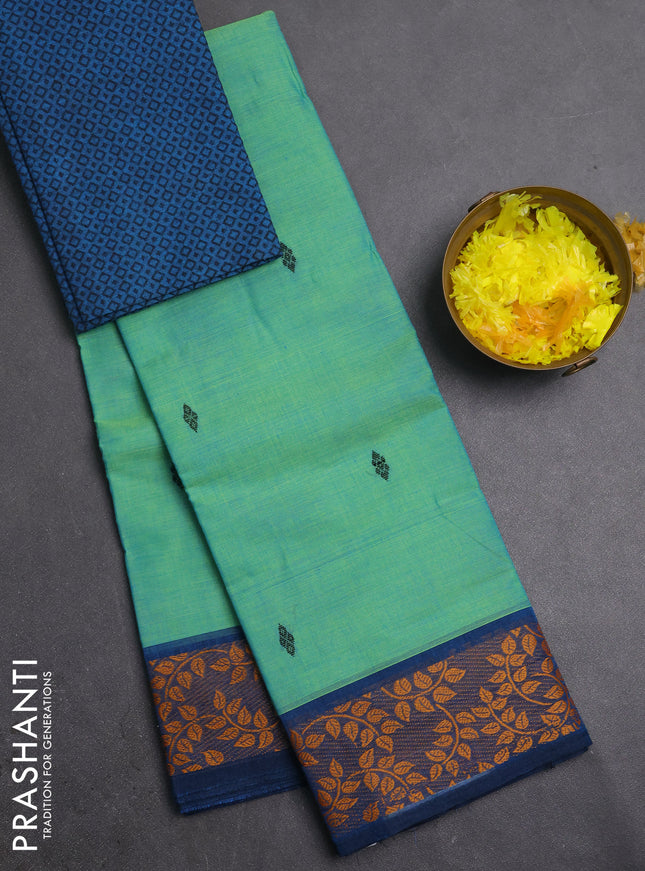 Chettinad cotton saree teal green and blue with thread woven buttas and thread woven border