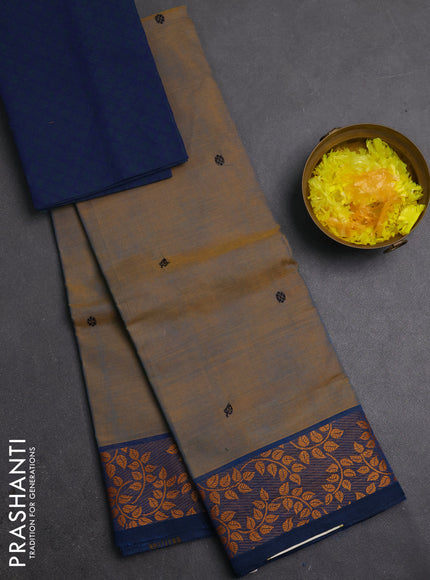 Chettinad cotton saree dual shade of bluish yellow and peacock green with thread woven buttas and thread woven border