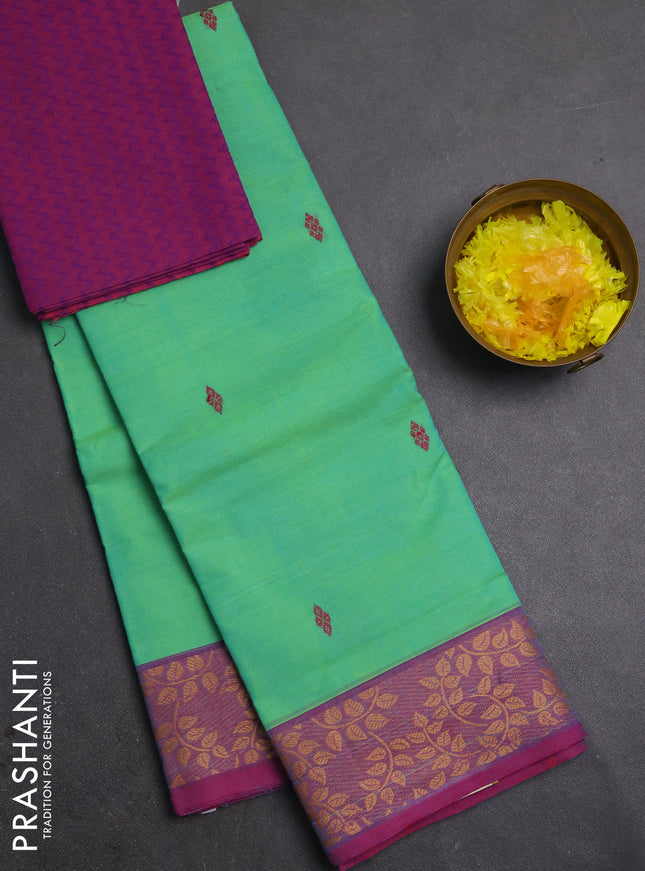 Chettinad cotton saree teal green and purple with thread woven buttas and thread woven border