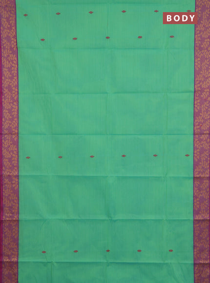 Chettinad cotton saree teal green and purple with thread woven buttas and thread woven border