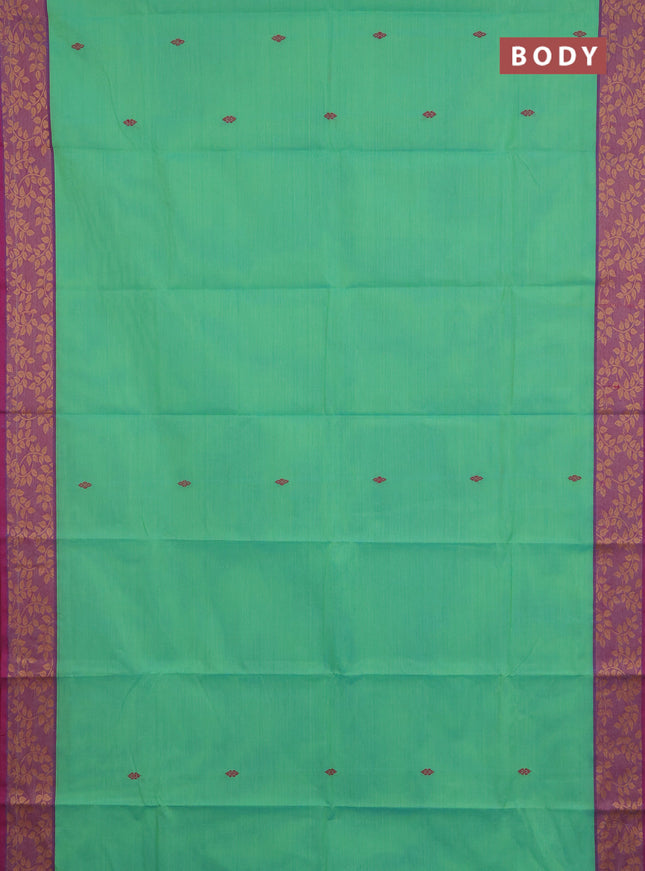 Chettinad cotton saree teal green and purple with thread woven buttas and thread woven border