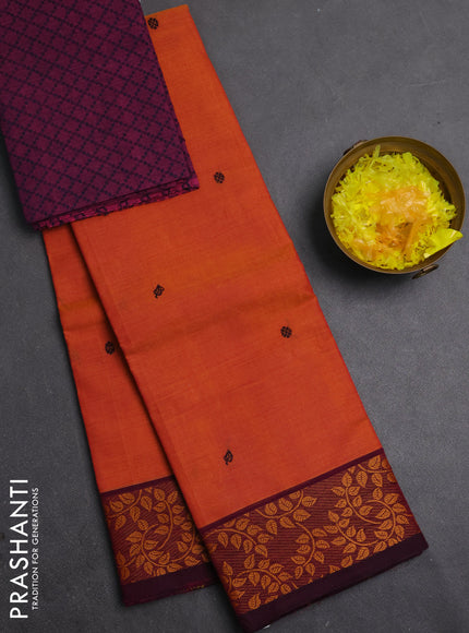 Chettinad cotton saree sunset orange and purple with thread woven buttas and thread woven border