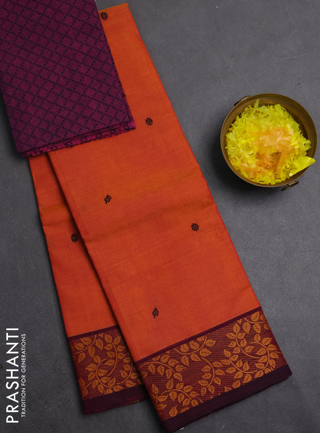Chettinad cotton saree sunset orange and purple with thread woven buttas and thread woven border