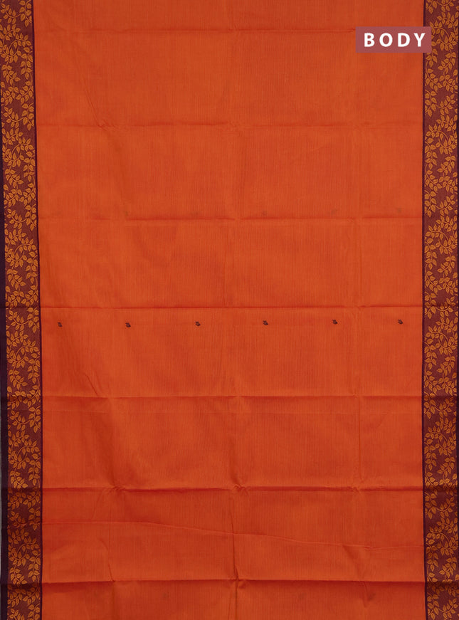 Chettinad cotton saree sunset orange and purple with thread woven buttas and thread woven border