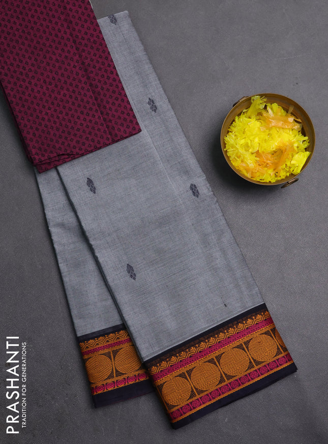 Chettinad cotton saree grey and purple with thread woven buttas and thread woven butta border