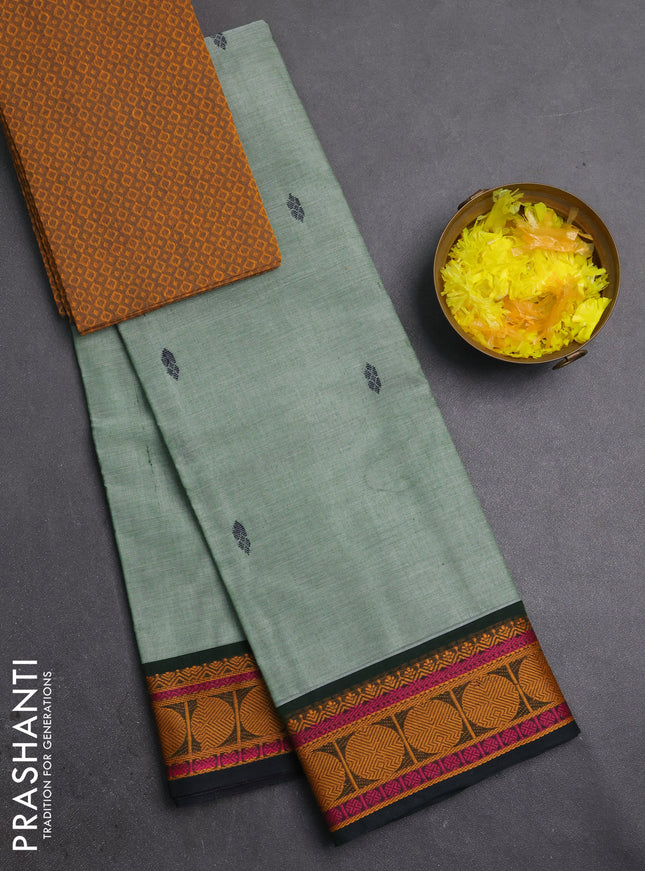 Chettinad cotton saree elaichi green and mustard yellow with thread woven buttas and thread woven butta border