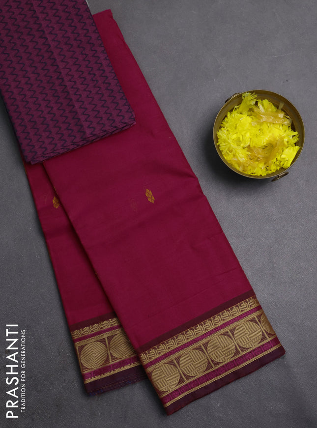 Chettinad cotton saree pink and magenta pink with thread woven buttas and thread woven butta border