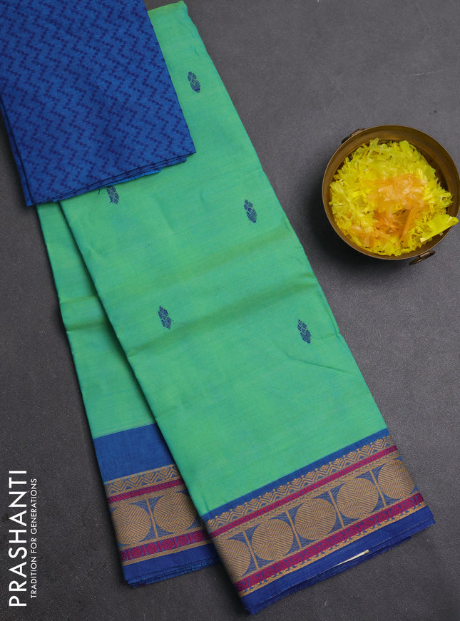 Chettinad cotton saree teal green and blue with thread woven buttas and thread woven butta border