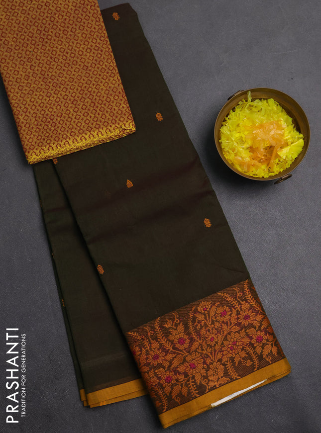 Chettinad cotton saree olive green and mustard yellow with thread woven buttas and thread woven border
