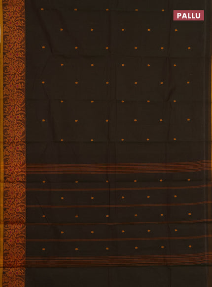 Chettinad cotton saree olive green and mustard yellow with thread woven buttas and thread woven border