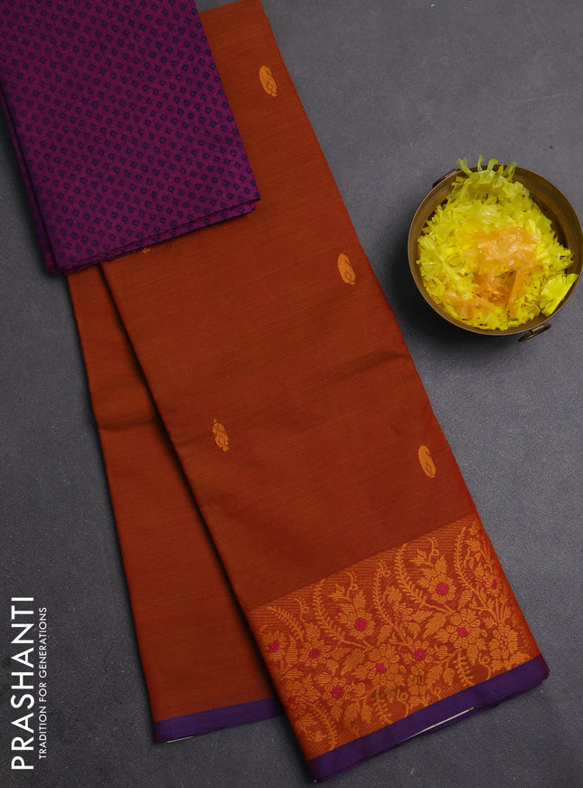 Chettinad cotton saree dark mustard and purple with thread woven buttas and thread woven border