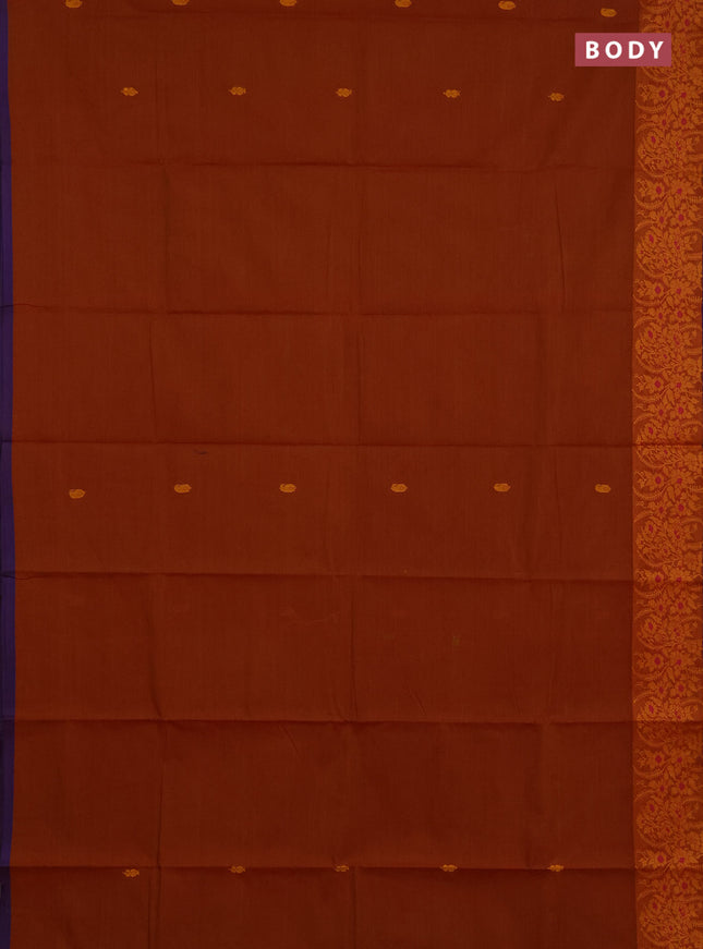 Chettinad cotton saree dark mustard and purple with thread woven buttas and thread woven border