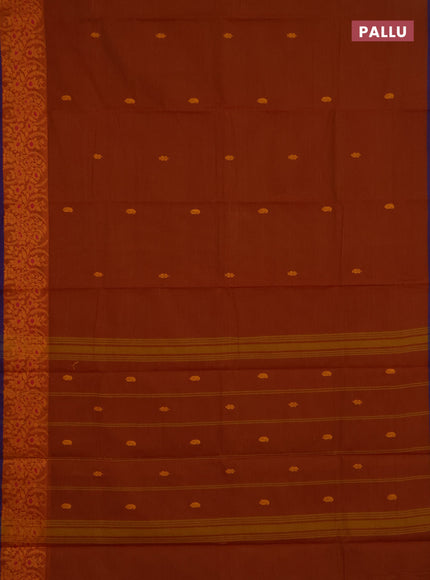 Chettinad cotton saree dark mustard and purple with thread woven buttas and thread woven border