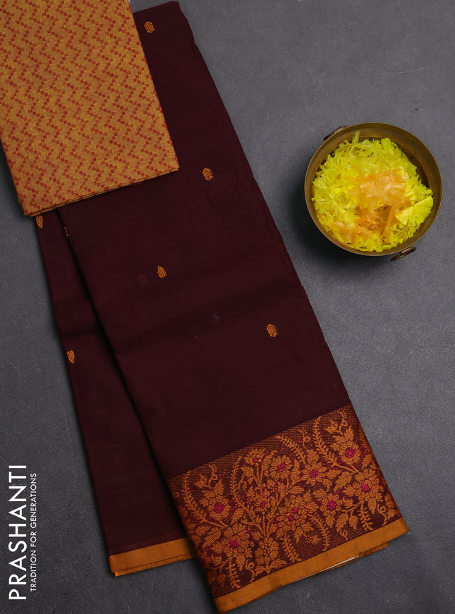Chettinad cotton saree deep wine and mustard yellow with thread woven buttas and thread woven border