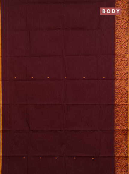 Chettinad cotton saree deep wine and mustard yellow with thread woven buttas and thread woven border