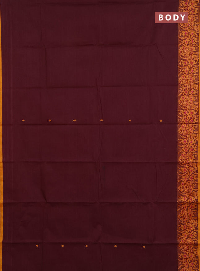 Chettinad cotton saree deep wine and mustard yellow with thread woven buttas and thread woven border