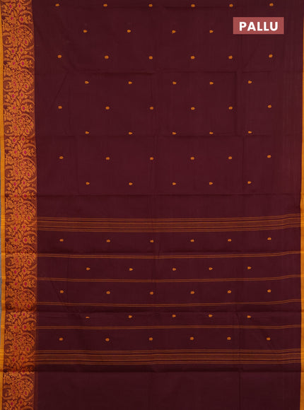 Chettinad cotton saree deep wine and mustard yellow with thread woven buttas and thread woven border