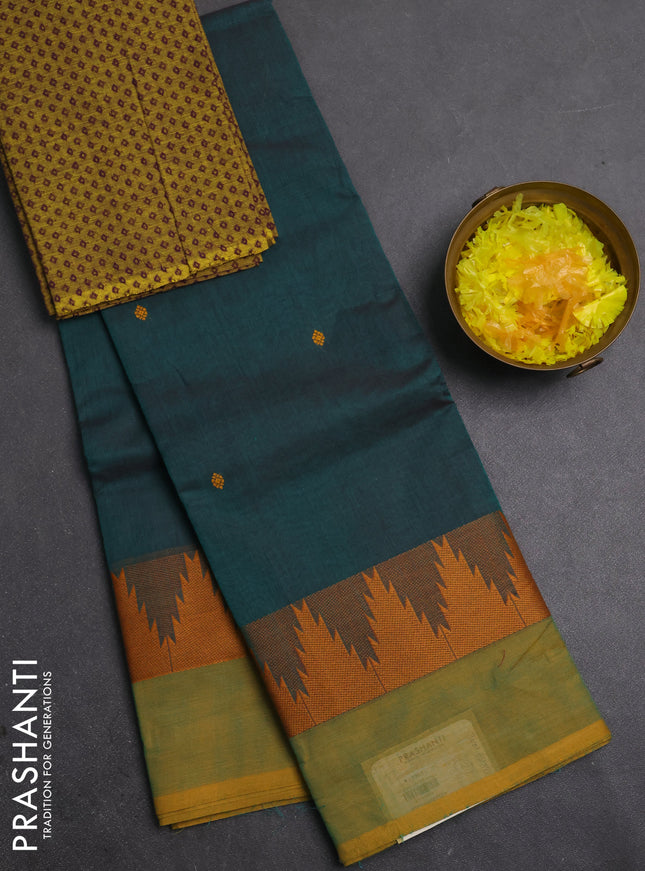 Chettinad cotton saree peacock green and mustard yellow with thread woven buttas and temple design thread woven simple border