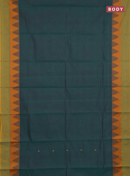 Chettinad cotton saree peacock green and mustard yellow with thread woven buttas and temple design thread woven simple border