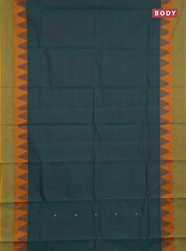 Chettinad cotton saree peacock green and mustard yellow with thread woven buttas and temple design thread woven simple border