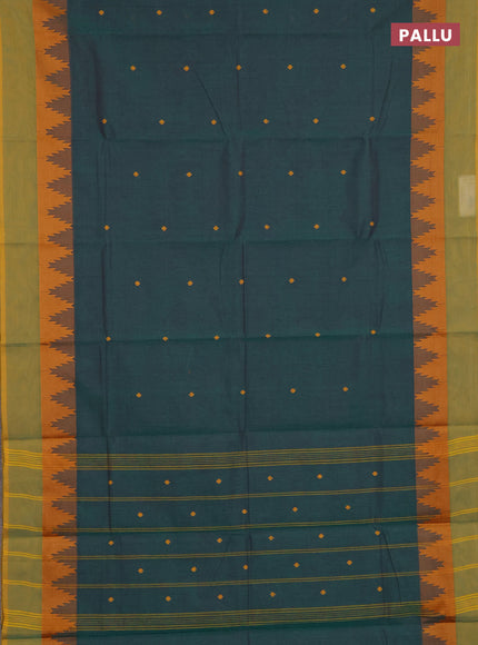 Chettinad cotton saree peacock green and mustard yellow with thread woven buttas and temple design thread woven simple border