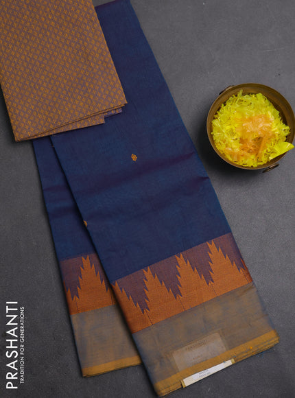Chettinad cotton saree peacock blue and mustard yellow with thread woven buttas and temple design thread woven simple border