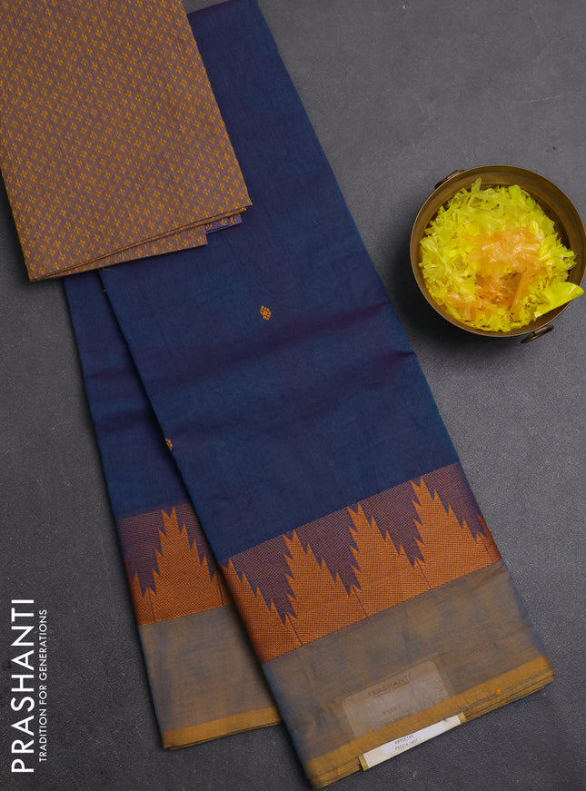 Chettinad cotton saree peacock blue and mustard yellow with thread woven buttas and temple design thread woven simple border