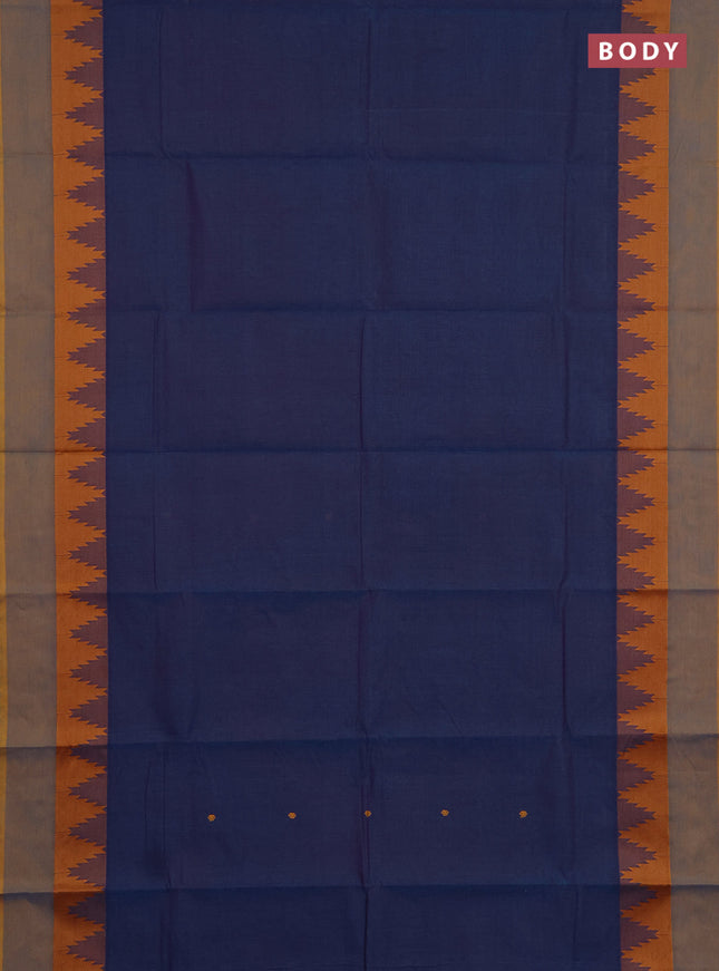 Chettinad cotton saree peacock blue and mustard yellow with thread woven buttas and temple design thread woven simple border