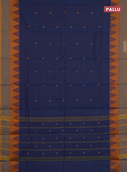 Chettinad cotton saree peacock blue and mustard yellow with thread woven buttas and temple design thread woven simple border