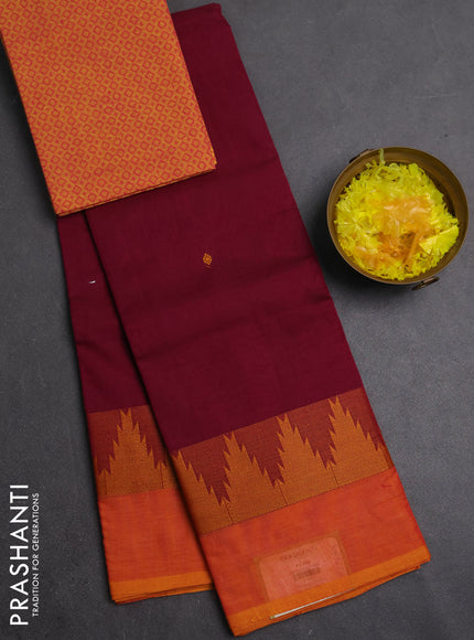 Chettinad cotton saree wine and sunset orange with thread woven buttas and temple design thread woven simple border