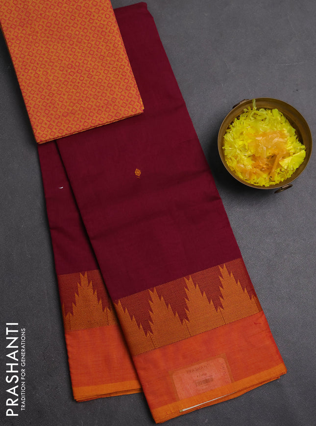 Chettinad cotton saree wine and sunset orange with thread woven buttas and temple design thread woven simple border
