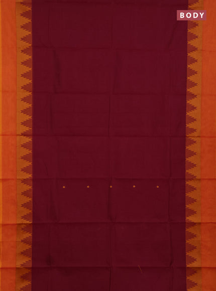 Chettinad cotton saree wine and sunset orange with thread woven buttas and temple design thread woven simple border