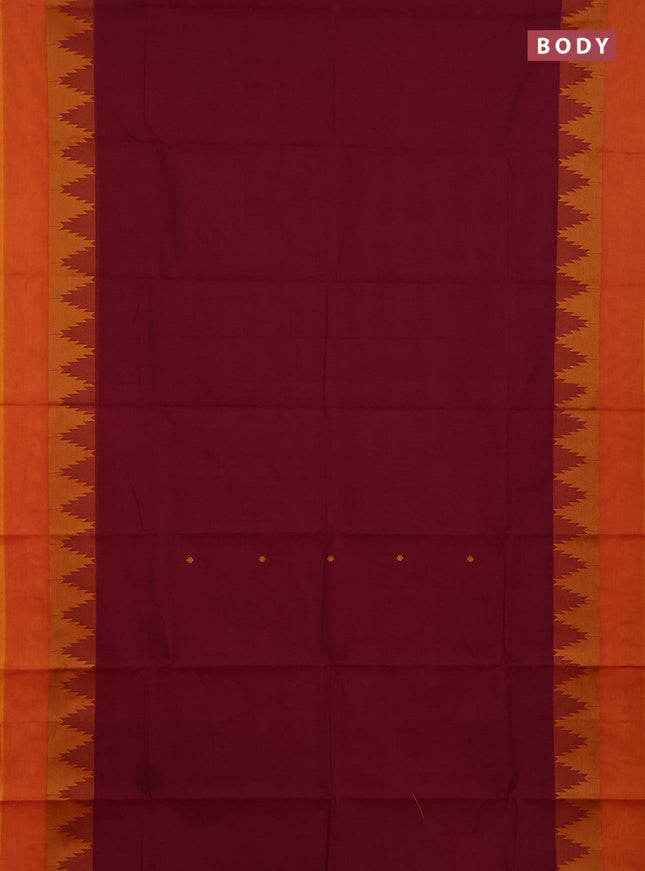 Chettinad cotton saree wine and sunset orange with thread woven buttas and temple design thread woven simple border