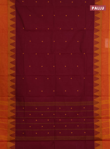 Chettinad cotton saree wine and sunset orange with thread woven buttas and temple design thread woven simple border