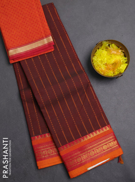Chettinad cotton saree dual shade of maroon and orange with allover thread weaves pattern and zari woven border