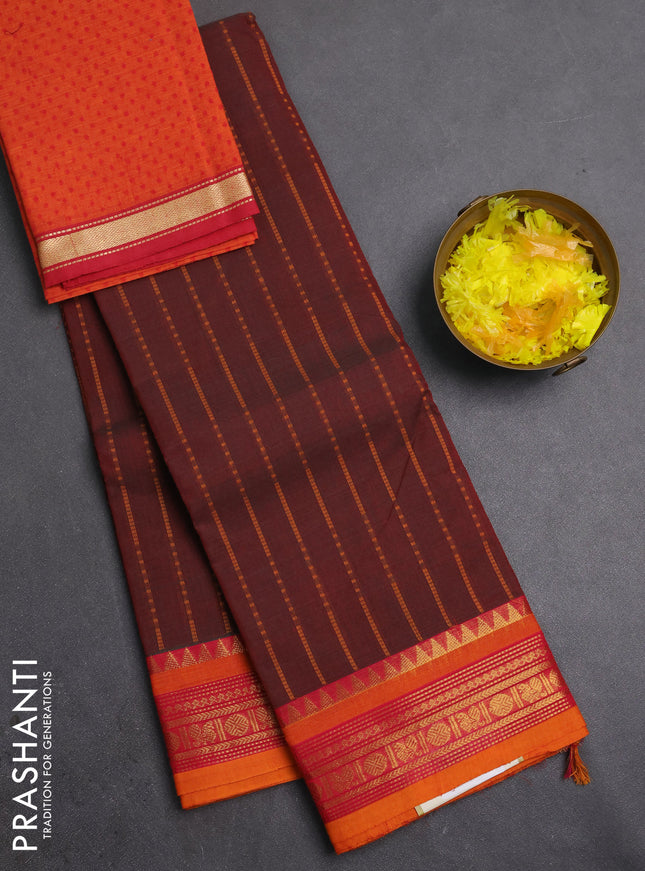 Chettinad cotton saree dual shade of maroon and orange with allover thread weaves pattern and zari woven border